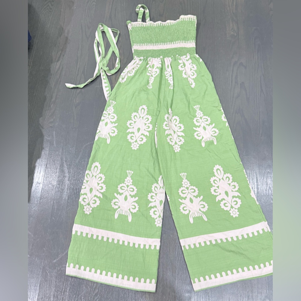 Women’s Green Strapless Wide-Leg Jumpsuit with White Embroidery - Picture 2 of 4